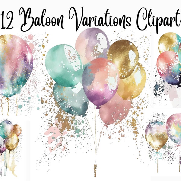 12 Balloons Clipart, JPGs, Commercial use, Digital Download, Clip Art, Birthday clipart, party clipart, invitation clipart, birthday party