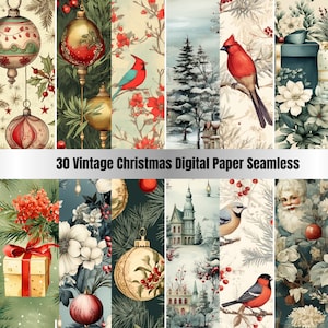 30 Seamless Vintage Christmas Digital Paper Pack, Winter Holiday Seamless Pattern, Old Christmas Festive Texture Background,Scrapbook Papers