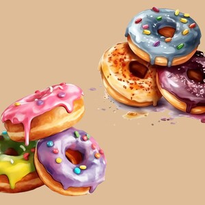 May include: A stack of four colourful doughnuts with different toppings, including sprinkles, chocolate, and icing. The doughnuts are arranged in a pyramid shape and are sitting on a light brown background.