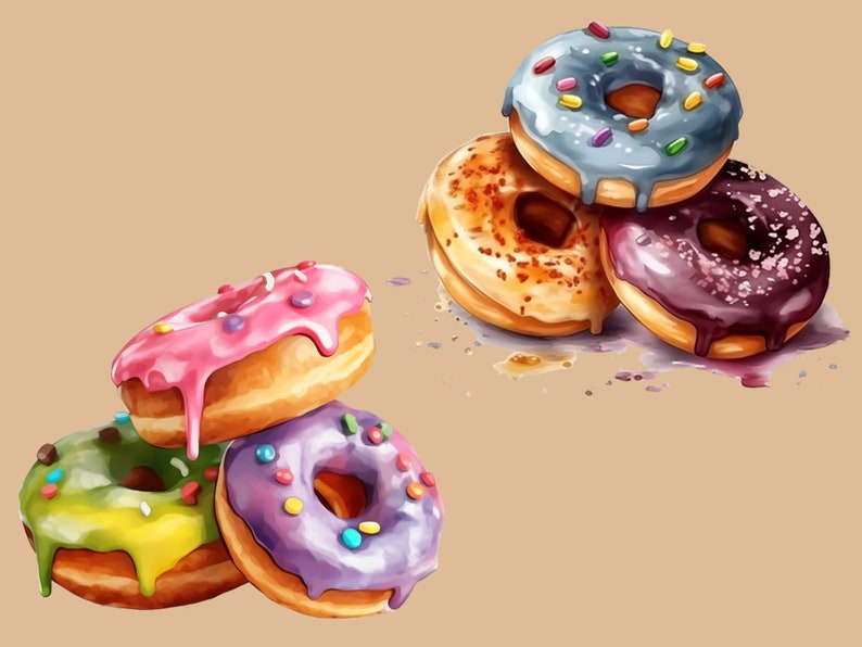 May include: A stack of four colourful doughnuts with different toppings, including sprinkles, chocolate, and icing. The doughnuts are arranged in a pyramid shape and are sitting on a light brown background.