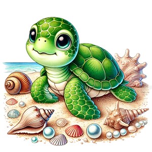 May include: A green sea turtle with big eyes sits on a sandy beach surrounded by seashells and pearls. The turtle has a green shell with a brown underside. The seashells are a variety of colors and shapes, including pink, white, and brown.