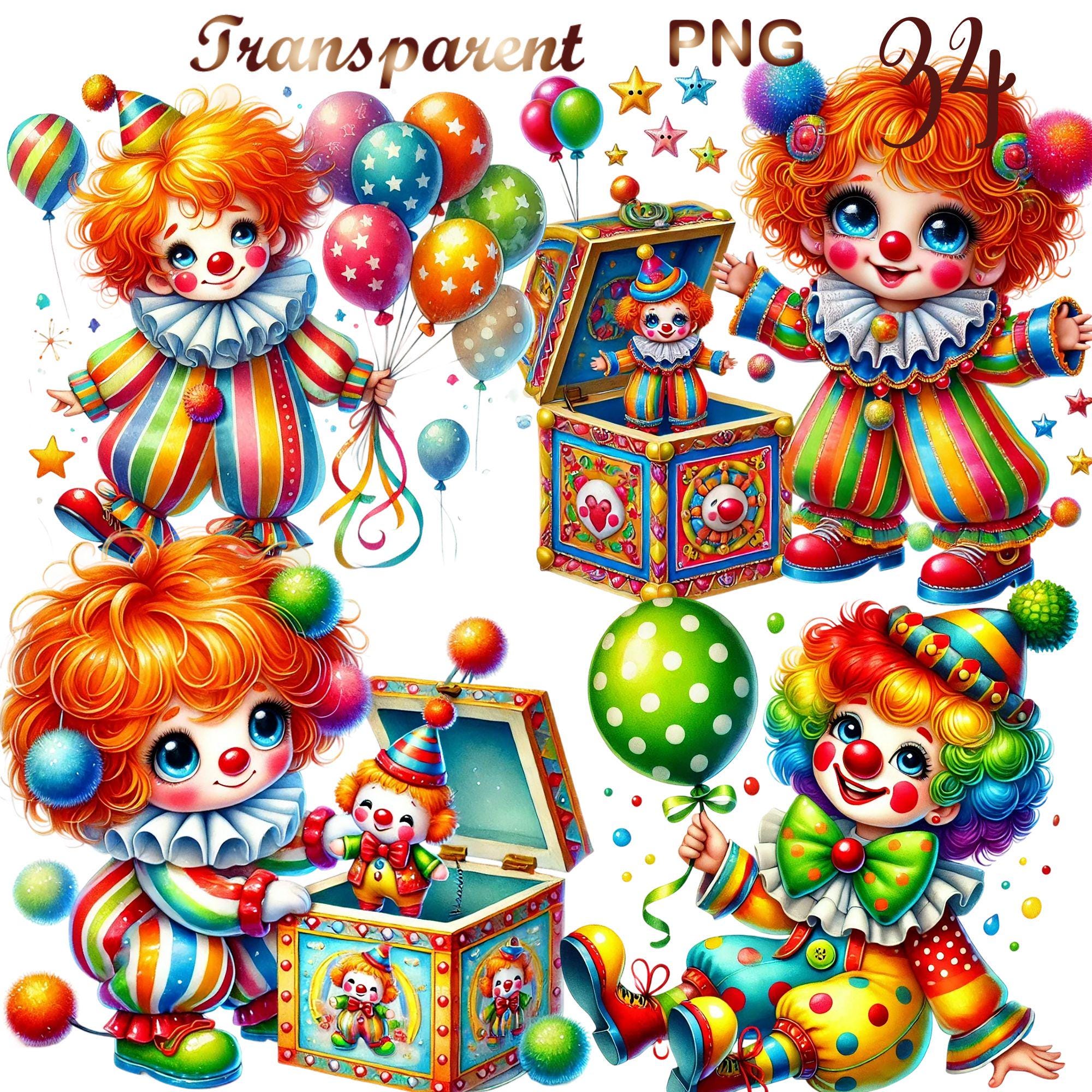 34 PNG set 4 Cute Clowns Clipart bundle, Colorful Circus Performer Illustrations dtsigns, Instant Digital Download, Unlimited Commercial Use