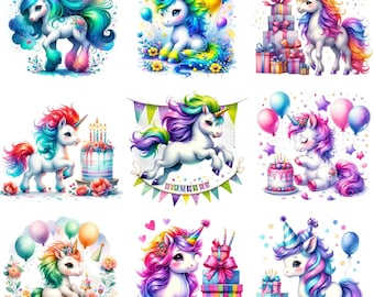 Puede incluir: Nueve ilustraciones coloridas de unicornios celebrando un cumpleaños. Cada unicornio tiene una crin y una cola de color diferente, y está rodeado de globos, regalos y pastel de cumpleaños. El texto "Birthday" está escrito en una pancarta en una de las ilustraciones.
