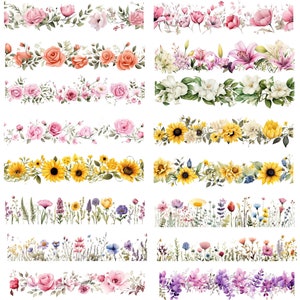 May include: A set of 18 watercolor floral borders featuring various flowers, including roses, sunflowers, lilies, and wildflowers. The borders are perfect for adding a touch of elegance and beauty to any project.