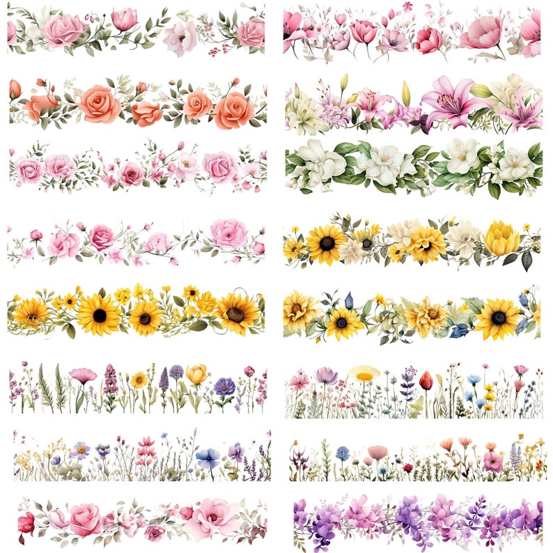 May include: A set of 18 watercolor floral borders featuring various flowers, including roses, sunflowers, lilies, and wildflowers. The borders are perfect for adding a touch of elegance and beauty to any project.
