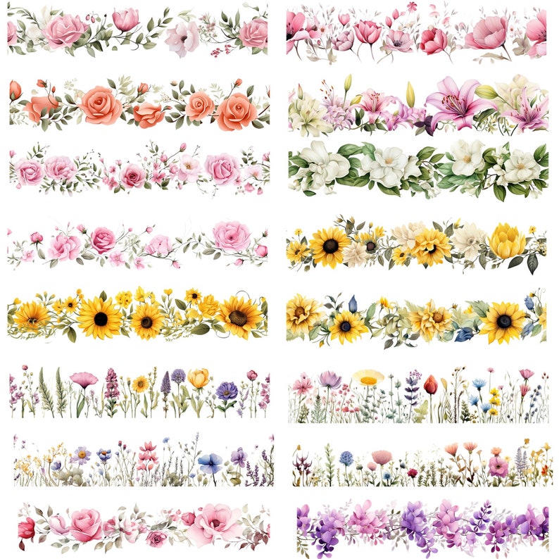 60 PNG Flower Border, Floral clipart, Seamless flower border, wildflower clip art, wildflower frame, sublimation, png, sublimation png zdjęcie 6