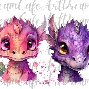 May include: Two watercolor illustrations of baby dragons. One dragon is pink and purple with large eyes. The other dragon is purple with large yellow eyes.
