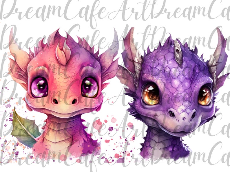 May include: Two watercolor illustrations of baby dragons. One dragon is pink and purple with large eyes. The other dragon is purple with large yellow eyes.