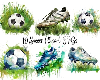 10 Soccer ball and Soccer shoes Clipart,Soccer posters,Soccer printable art,Sport art print,JPG, Commercial use, Digital Download,Watercolor