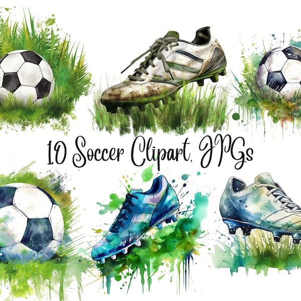 10 Fußball-Bälle und Fußballschuhe Clipart, Fußball-Poster, Fußball-druckbare Kunst, Sport-Kunstdruck, JPG, kommerzielle Nutzung, digitaler Download, Aquarell