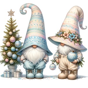 May include: Two gnomes wearing blue and white patterned hats with white beards and holding ornaments. The gnome on the left is wearing blue pants and the gnome on the right is wearing white pants. Both gnomes are standing on a white background.