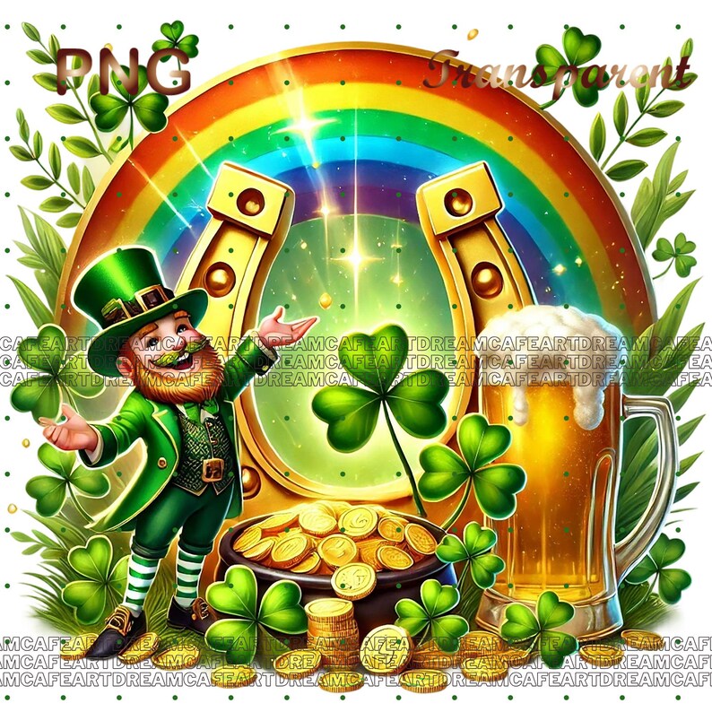 Pu&ograve; includere: Un folletto dei cartoni animati con un cappello verde e che tiene una moneta d'oro si trova di fronte a un ferro di cavallo dorato con un arcobaleno che si inarca sopra di esso. Un pentolone di monete d'oro si trova di fronte al ferro di cavallo, e un bicchiere di birra &egrave; a destra. Trifogli verdi sono sparsi in tutta l'immagine.