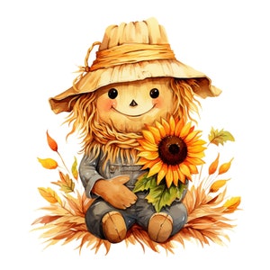 May include: Watercolor illustration of a smiling scarecrow doll wearing a straw hat and overalls, holding a sunflower. The doll is surrounded by autumn leaves and foliage, perfect for fall decor.