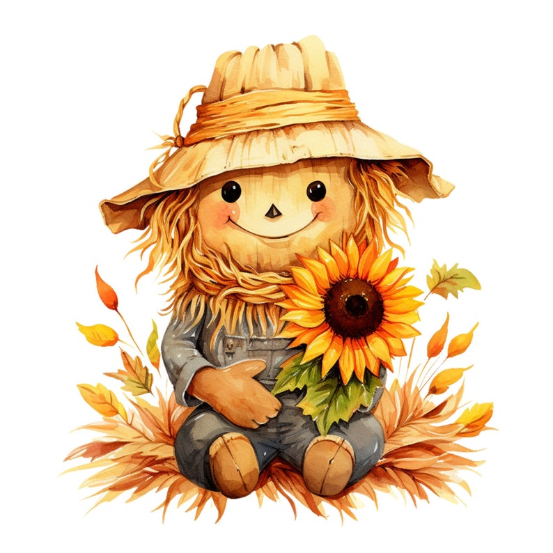 May include: Watercolor illustration of a smiling scarecrow doll wearing a straw hat and overalls, holding a sunflower. The doll is surrounded by autumn leaves and foliage, perfect for fall decor.