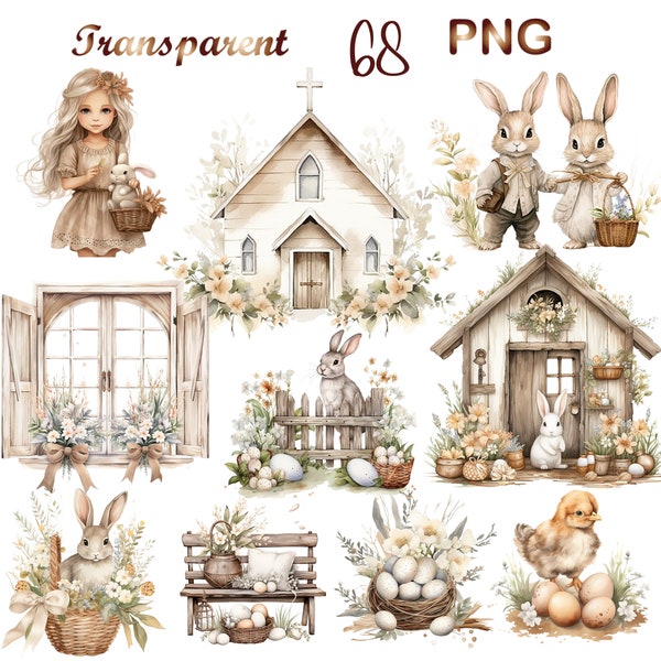 68 Pâques rustique clipart PNG, Clipart panier de Pâques, Boho Pâques clipart, clipart lapin de Pâques png, clipart village de Pâques, clipart scène de Pâques