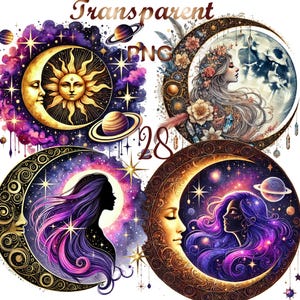 May include: Four digital illustrations of crescent moons with celestial elements. Each moon features a different design, including a sun, a planet, and a woman with flowing hair. The moons are set against a purple and blue starry sky.