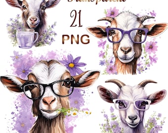 21 PNG, Goat With Glasses clipart bundle, Goat Watercolor PNG, Sublimation PNG, digital download, Transparent Background, Commercial Use