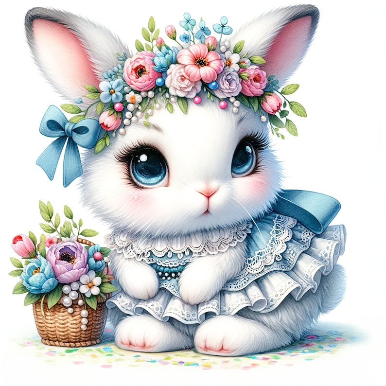May include: A white bunny with blue eyes wearing a white dress with blue lace trim and a flower crown. The bunny is holding its paws together and has a blue bow on its head. The bunny is sitting on a white background with a basket of flowers in the foreground.