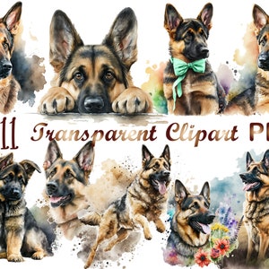 May include: A digital illustration of eleven watercolor paintings of German Shepherd dogs in various poses. The dogs are depicted in a realistic style with brown and black fur. The background is a soft watercolor wash of blue, green, and pink.