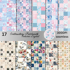 17 patchworkbloemen naadloos digitaal papier, vintage chic naadloos bloemenpatroon, shabby chic, bloemencollagepapierpakket, junk Journal Kit