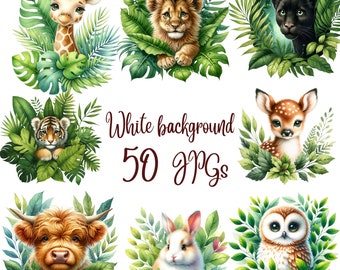 50 JPGs, Watercolor Baby Animals in Leaves clipart, Safari Animals Clipart, Forest animals Clipart, Commercial Use, Instant Download