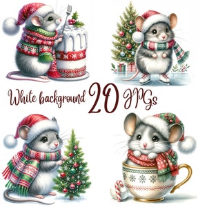 20 fichiers JPG, clipart souris de Noël, haute qualité, téléchargement numérique, fabrication de cartes, techniques mixtes, créations numériques en papier, conception graphique Souris mignonnes