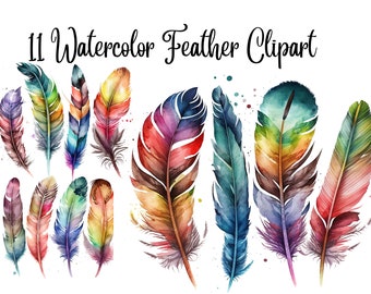 11 Watercolor Feather Clipart, Exotic Boho Feathers, Bohemian clip art, JPGs, Commercial use, Instant download, Paper crafts, Scrapbooking