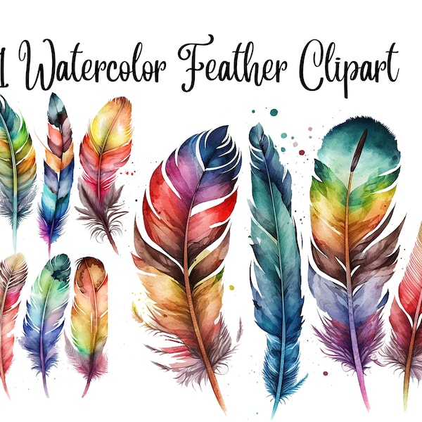 11 Watercolor Feather Clipart, Exotic Boho Feathers, Bohemian clip art, JPGs, Commercial use, Instant download, Paper crafts, Scrapbooking