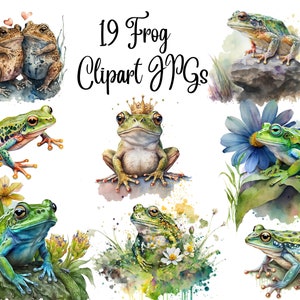 19 Frog Clipart JPGs, High Quality, Digital Planner, Paper crafts, Watercolor, Frog Clipart, Cute Frog, Commercial Use, Instant Download