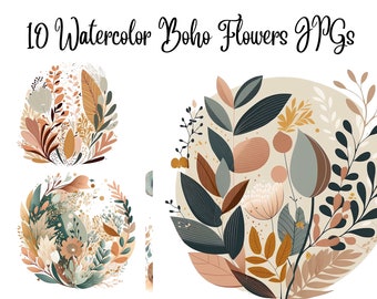 10 Boho Flowers Clipart, Boho Clipart, JPGs, Commercial use, Digital Download,Watercolor Clipart,Card Making,Clip Art,Digital Paper Craft