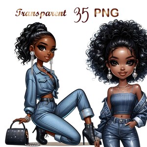 May include: Two digital illustrations of a Black woman with curly hair wearing denim outfits. One illustration shows the woman sitting with a black purse and the other shows the woman standing with her hands in her pockets.
