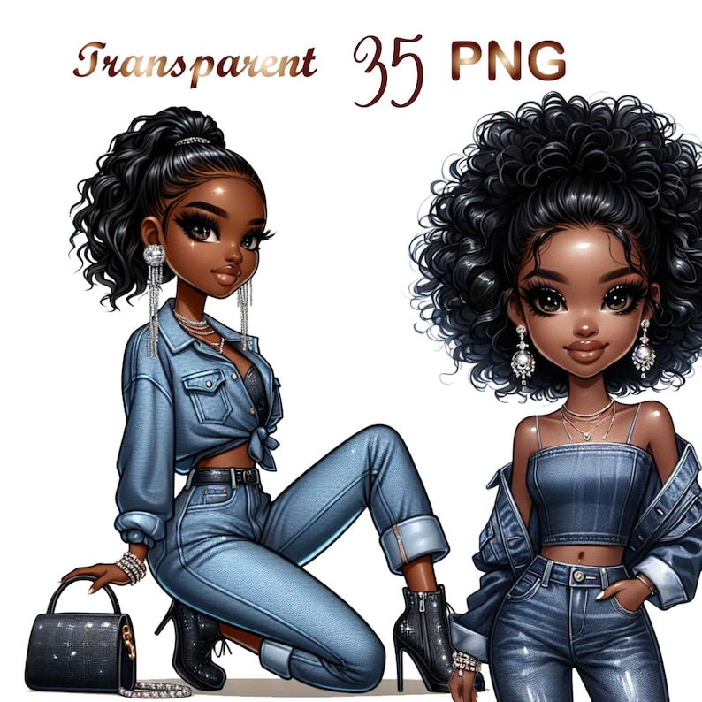 May include: Two digital illustrations of a Black woman with curly hair wearing denim outfits. One illustration shows the woman sitting with a black purse and the other shows the woman standing with her hands in her pockets.