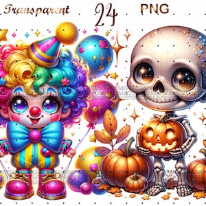 May include: A colourful clown with a rainbow wig and a blue bow tie holds a bunch of balloons. A skeleton with a jack-o'-lantern in its hands stands next to a pumpkin.