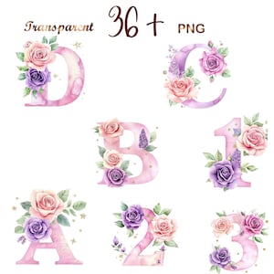 36 + PNG Watercolor Rose Floral Alphabet Collection Clipart, set 2, Alphabet Clipart,Baby Milestone Clipart,Pink alphabet,Digital Download