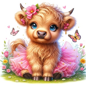 K&ouml;nnte beinhalten: Ein s&uuml;&szlig;es, braunes und wei&szlig;es Highland-Rindkalb, das ein rosafarbenes Tutu und eine rosafarbene Blumenkrone tr&auml;gt. Das Kalb sitzt auf einem Bett aus gr&uuml;nem Gras mit rosa und wei&szlig;en Blumen.