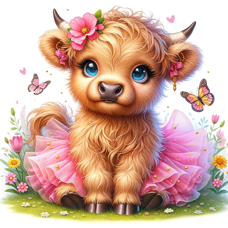 K&ouml;nnte beinhalten: Ein s&uuml;&szlig;es, braunes und wei&szlig;es Highland-Rindkalb, das ein rosafarbenes Tutu und eine rosafarbene Blumenkrone tr&auml;gt. Das Kalb sitzt auf einem Bett aus gr&uuml;nem Gras mit rosa und wei&szlig;en Blumen.