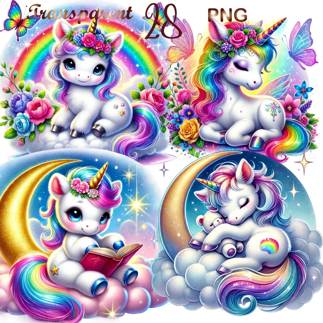 Cute Baby Unicorns Clipart Bundle 28 PNG, Magical Unicorn Graphics ...