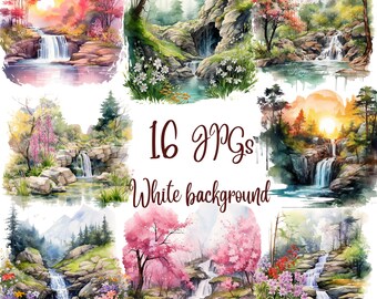 Forest Waterfalls Clipart, 16 JPGs Woodland nature landscape,Commercial use, Digital Download, Card Making, Mixed Media,Digital Paper Craft