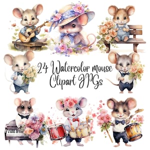24 Flower Mouse Clipart -  High Quality JPGs - Digital Download - Card Making, Mixed Media,Digital Paper Craft,Watercolor clipart, Cute mice