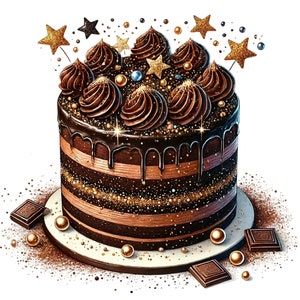 K&ouml;nnte beinhalten: Ein Schokoladenkuchen, verziert mit Schokoladenfrosting, goldenen Streuseln und Schokoladensternen. Der Kuchen steht auf einem wei&szlig;en Kuchenst&auml;nder und hat einen Schokoladen-Ganache-&Uuml;berzug.