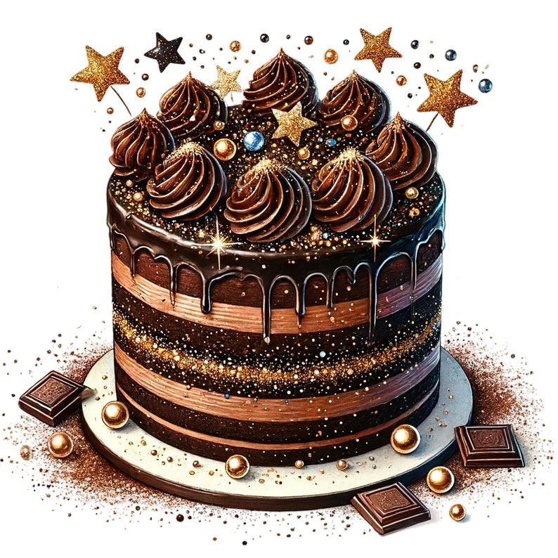 K&ouml;nnte beinhalten: Ein Schokoladenkuchen, verziert mit Schokoladenfrosting, goldenen Streuseln und Schokoladensternen. Der Kuchen steht auf einem wei&szlig;en Kuchenst&auml;nder und hat einen Schokoladen-Ganache-&Uuml;berzug.