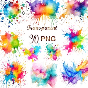 30 Watercolor Color Splash Clipart PNG, Paint Splatter Clipart, Alcohol Ink Clipart, Abstract Clipart PNG, Commercial Use, Instant Download