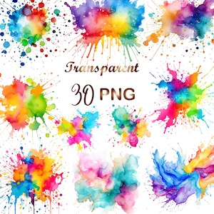 30 aquarel kleur splash clipart png, verf splatter clipart, alcohol inkt clipart, abstracte clipart png, commercieel gebruik, Instant Download