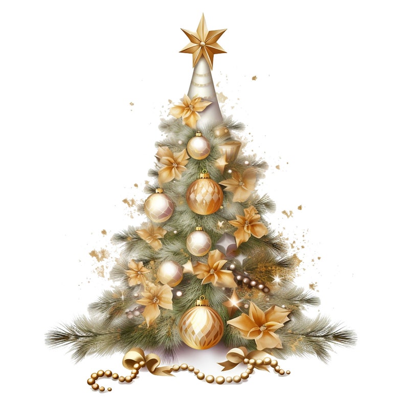 Puede incluir: Un &aacute;rbol de Navidad dorado y blanco decorado con adornos dorados, flores de poinsettia y una estrella dorada en la parte superior. El &aacute;rbol est&aacute; rodeado de cuentas y lazos dorados.