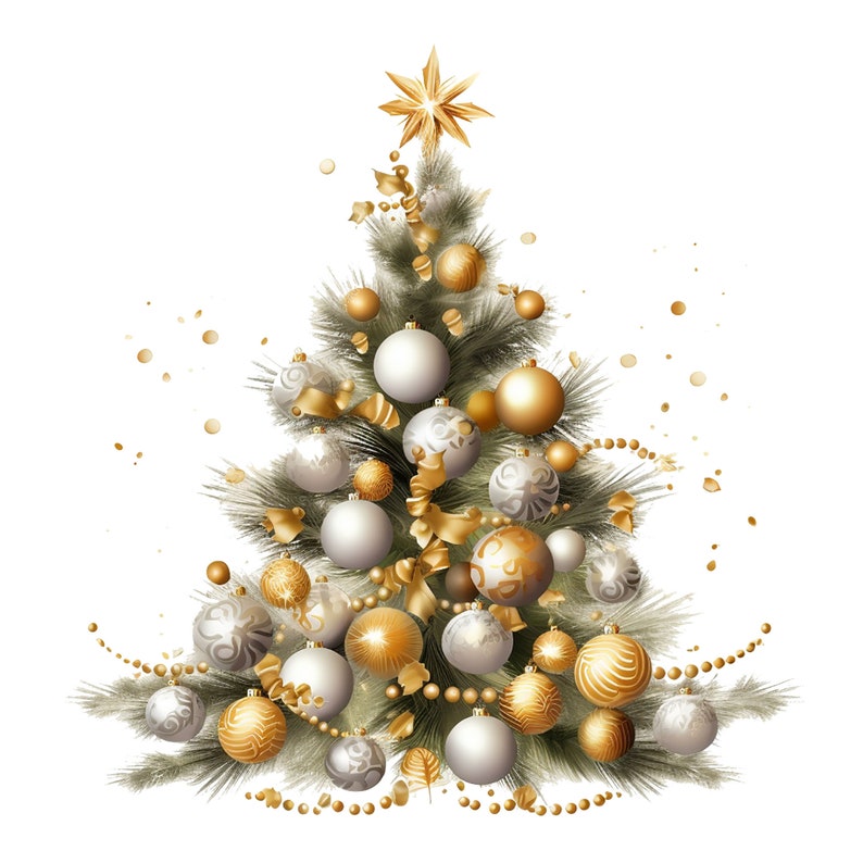 Puede incluir: Un &aacute;rbol de Navidad dorado y blanco decorado con adornos y cinta. El &aacute;rbol est&aacute; sobre un fondo blanco.
