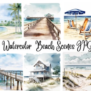 10 Beach Views Watercolor Clipart, High Quality JPGs,Commercial use,Digital Download, Clip Art,Digital Paper Craft,summer clipart watercolor