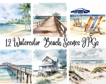 10 Beach Views Watercolor Clipart, High Quality JPGs,Commercial use,Digital Download, Clip Art,Digital Paper Craft,summer clipart watercolor