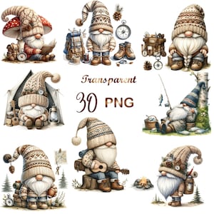 Paquete de 30 imágenes PNG de gnomos de camping con acuarela, paquete de imágenes PNG de gnomos de camping, diario basura de viaje de gnomos, descarga digital, uso comercial