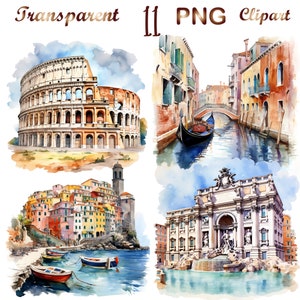 11 monumenti acquerellati d'Italia png, uso commerciale, download digitale, lavori di carta, diari spazzatura, clipart ad acquerello