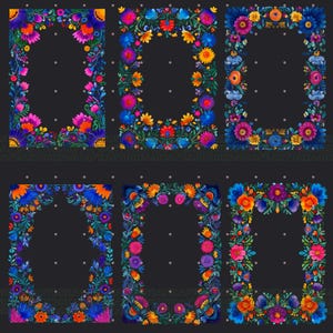 May include: Six vibrant floral frame designs on a dark grey background. Each frame showcases a unique arrangement of flowers in shades of blue, pink, orange, and yellow. Ideal for invitations, announcements, or digital art projects.
